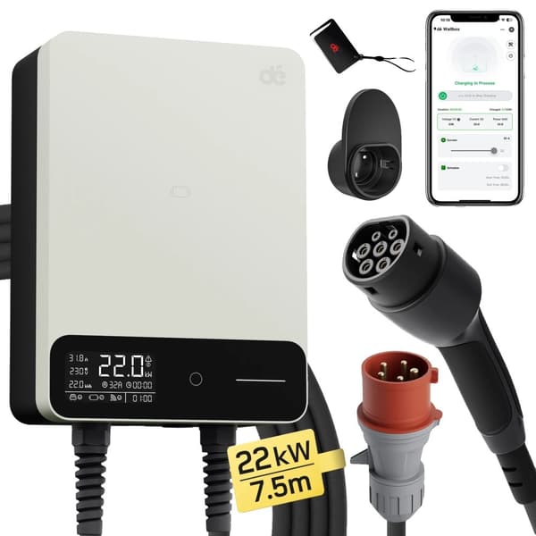 Sähköajoneuvon latausasema, 22 kW teho, älypuhelinsovelluksen ohjaus,7.5M APP Valkoinen, TYYPE2