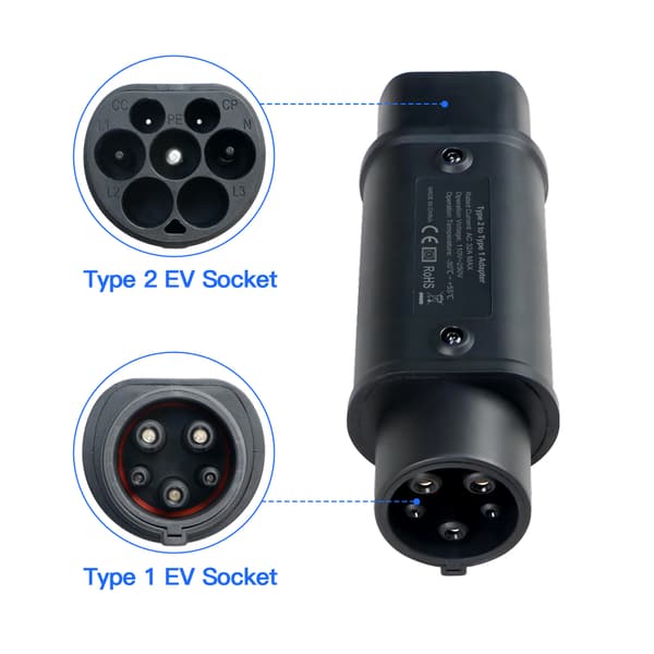 EV-laturin sovitin, 7,2 kW teho, IP54-luokitus,Tyyppi 2:sta Tyyppi 1:een
