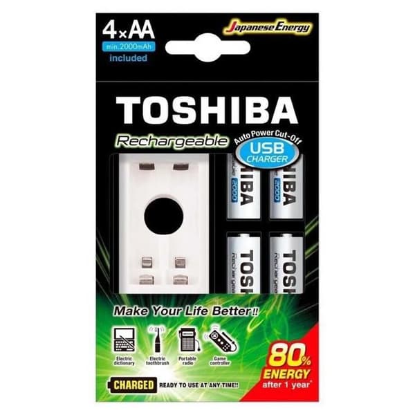 Kompakt laddare - Toshiba - AA/AAA - 4 uppladdningsbara batterier 2000mAh - Inomhus