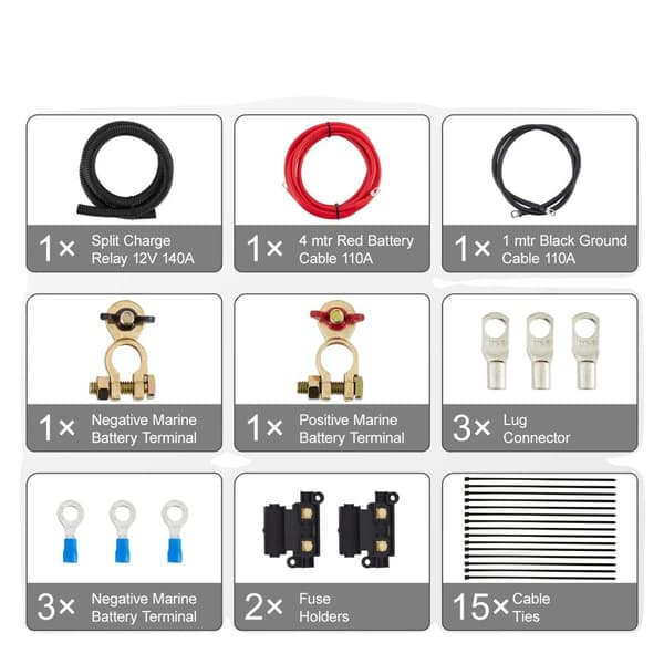 Jakovirtarelekit, kaksoisakun erottaja, 140A jatkuva virta, IP65 vesitiivis,4 mtr Akkujohto