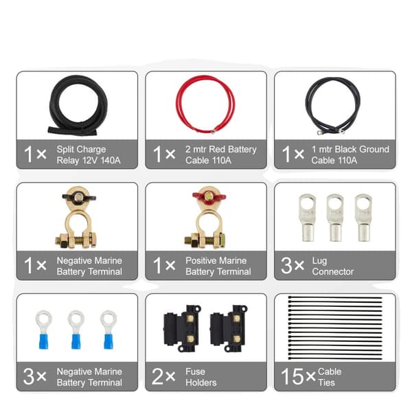 Jakovirtarelekit, kaksoisakun erottaja, 140A jatkuva virta, IP65 vesitiivis,2 mtr Akkujohto