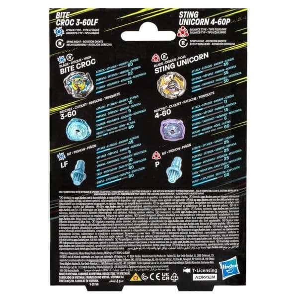 Beyblade X kaksoispakkaus Bite Croc 3-60LF ja Sting Unicorn 4-60P, 2 oikealle pyörivää kilpailutoppia, 8+ vuotta