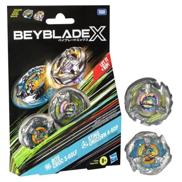 Beyblade X kaksoispakkaus Bite Croc 3-60LF ja Sting Unicorn 4-60P, 2 oikealle pyörivää kilpailutoppia, 8+ vuotta