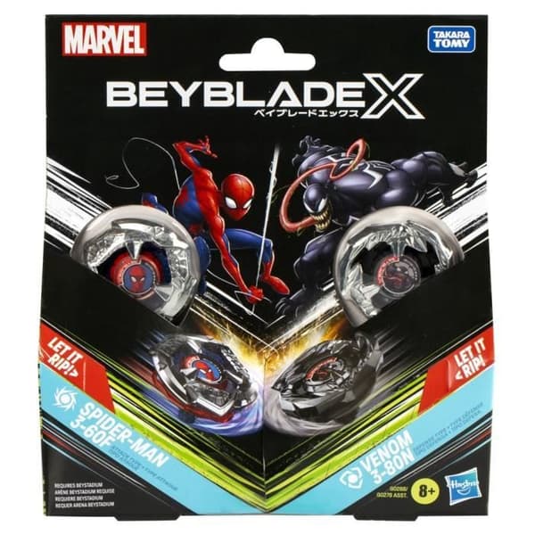 Beyblade X -monipakkaus Spider-Man 3-60F vs. Venom 3-80N -hyökkäyslevy, Marvel, 8+ vuotta