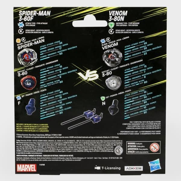 Beyblade X -monipakkaus Spider-Man 3-60F vs. Venom 3-80N -hyökkäyslevy, Marvel, 8+ vuotta