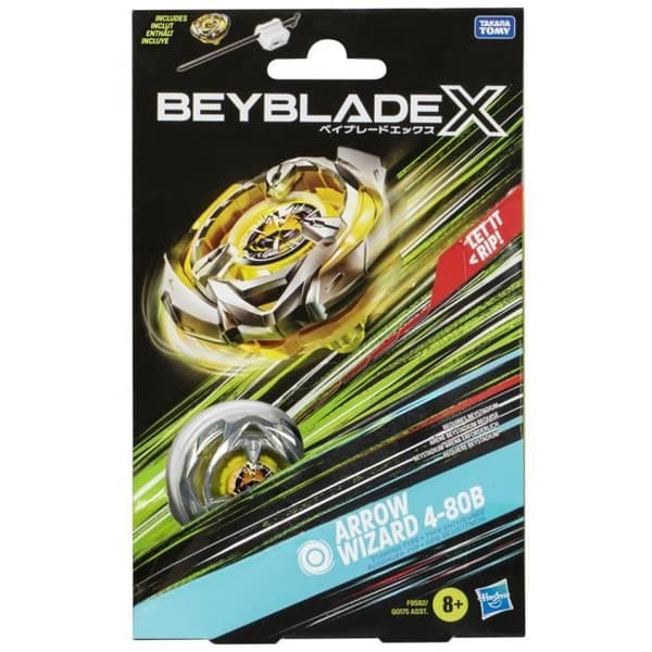 Beyblade X, aloituspakkaus Arrow Wizard 4-80B, jossa on kestävyystyyppinen oikealle pyörivä kilpailupäällinen ja laukaisin, 8-vuotiaille ja sitä vanhe