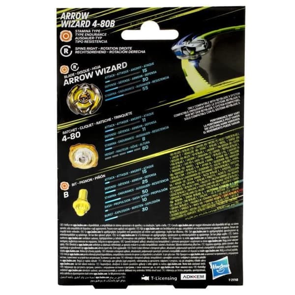 Beyblade X, aloituspakkaus Arrow Wizard 4-80B, jossa on kestävyystyyppinen oikealle pyörivä kilpailupäällinen ja laukaisin, 8-vuotiaille ja sitä vanhe