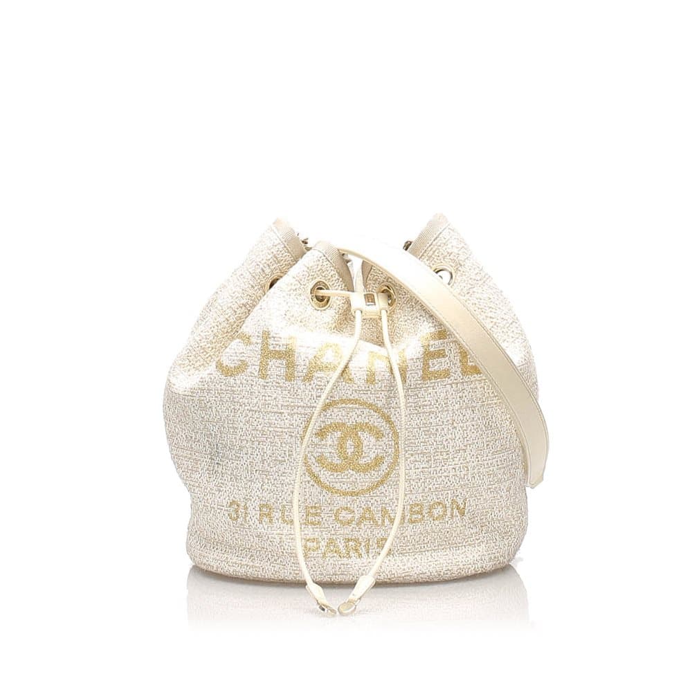 Chanel Deauville Tweed Drawstring Bucket Bag White