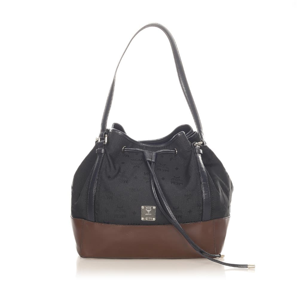 Pre-owned MCM Visetos Drawstring Nylon Bucket Bag Black