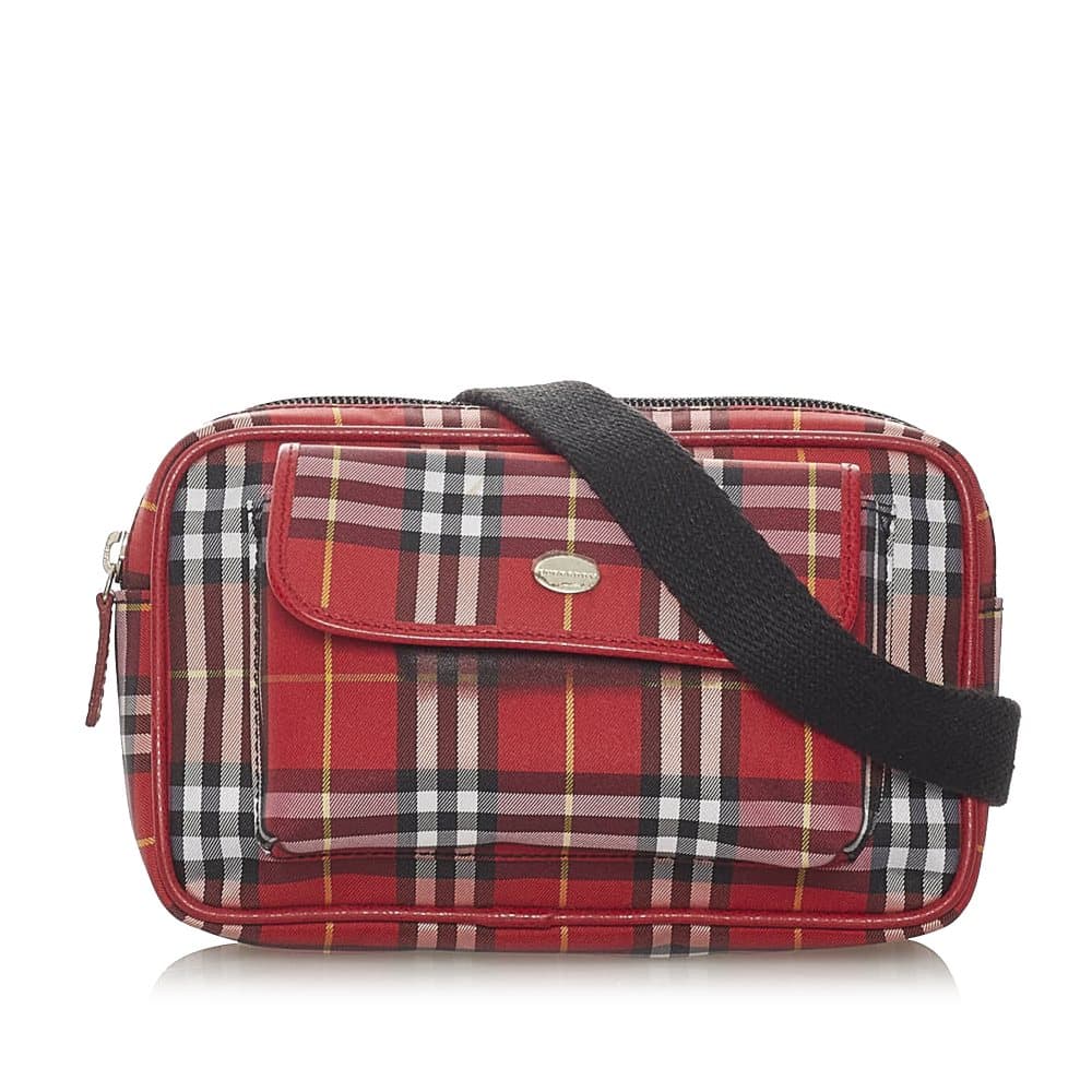 Pre-owned Burberry Plaid Canvas Belt Bag Red
