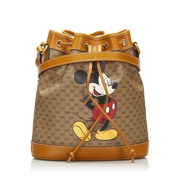 Pre-owned Gucci Mini GG Supreme Mickey Mouse Bucket Bag Brown
