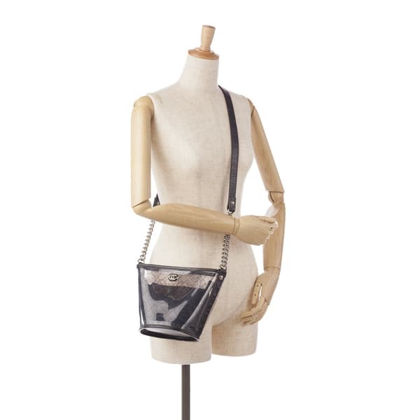 Pre-owned Chanel Crumpled Calfskin PVC Camellia Bucket Black