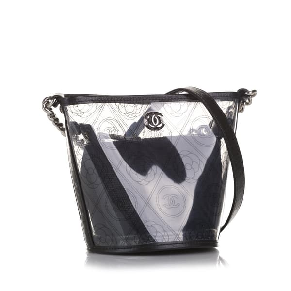 Pre-owned Chanel Crumpled Calfskin PVC Camellia Bucket Black