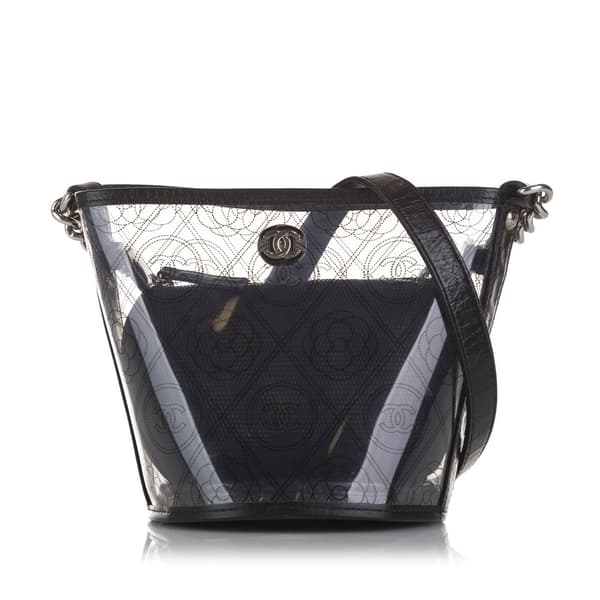 Pre-owned Chanel Crumpled Calfskin PVC Camellia Bucket Black