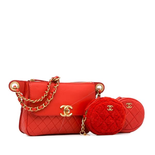 Pre-owned Chanel CC Quilted Calfskin Flap Belt Bag and Coin Purse Red
