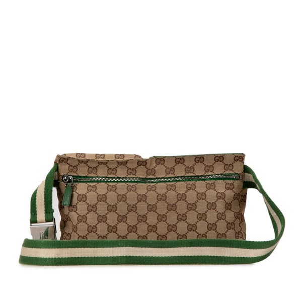 Pre-owned Gucci GG Canvas Web Double Pocket Belt Bag Brown