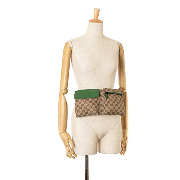 Pre-owned Gucci GG Canvas Web Double Pocket Belt Bag Brown