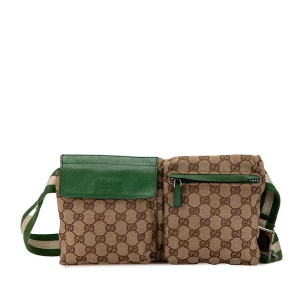 Pre-owned Gucci GG Canvas Web Double Pocket Belt Bag Brown