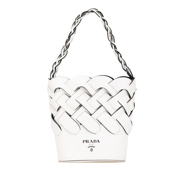 Pre-owned Prada Vitello Intreccio Tress Bucket Bag White