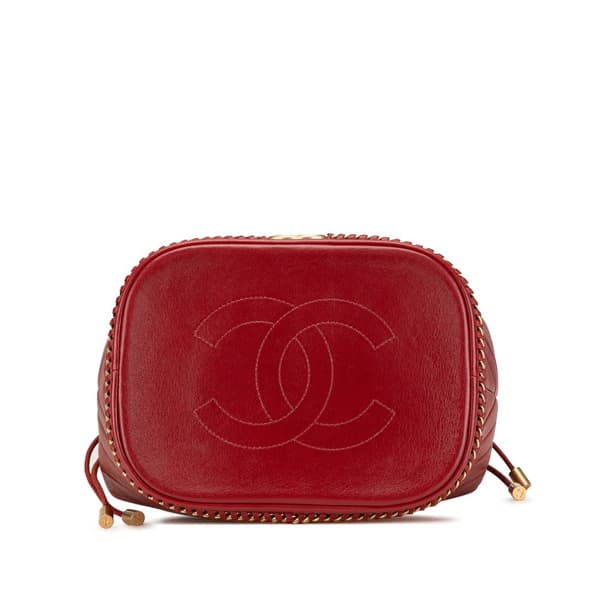 Pre-owned Chanel Paris Cosmopolite Medium Chevron Lambskin Bucket Bag Red