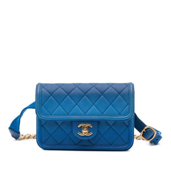 Pre-owned Chanel Quilted Caviar Sunset On The Sea Flap Belt Bag Blue
