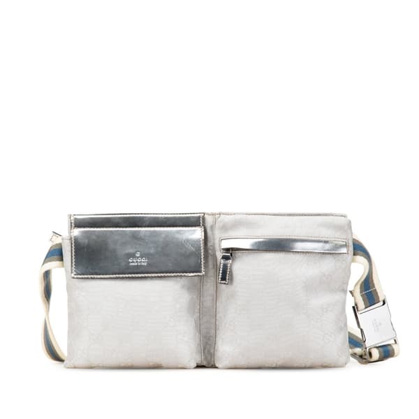 Pre-owned Gucci GG Canvas Web Double Pocket Belt Bag Silver