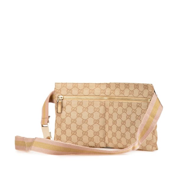 Pre-owned Gucci GG Canvas Web Double Pocket Belt Bag Brown