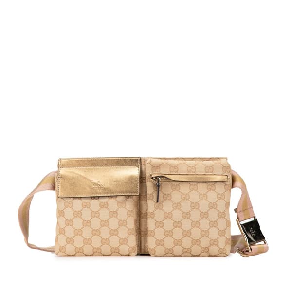 Pre-owned Gucci GG Canvas Web Double Pocket Belt Bag Brown