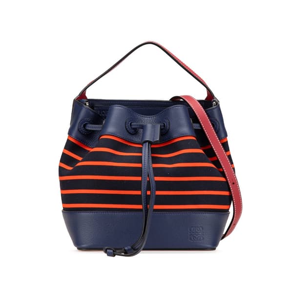 Pre-owned LOEWE Leather and Stripe Canvas Midnight Bucket Blue
