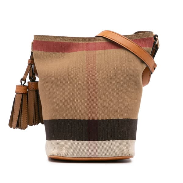 Pre-owned Burberry Mini Mega Check Canvas Ashby Tassel Bucket Bag Brown