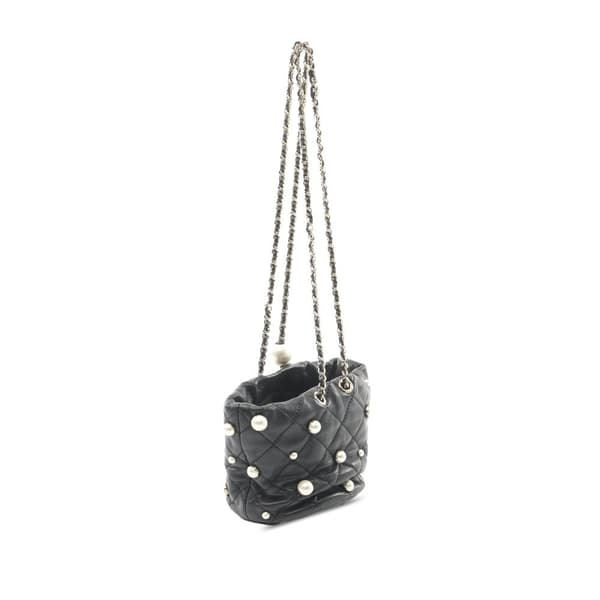 Pre-owned Chanel Mini Quilted Lambskin About Pearls Drawstring Bucket Bag Black