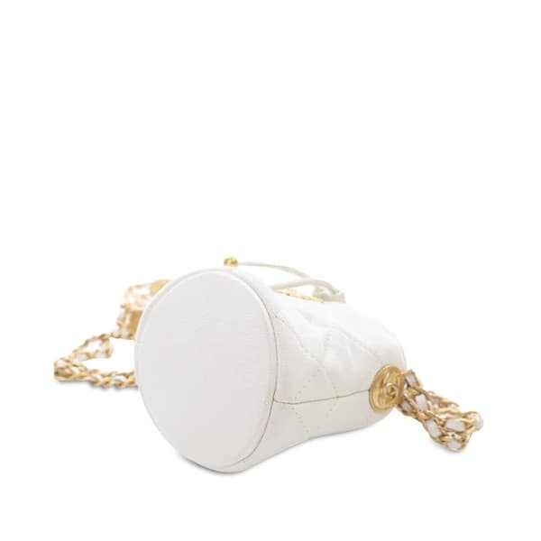 Pre-owned Chanel Mini Quilted Caviar Twist Your Buttons Drawstring Bucket Bag White