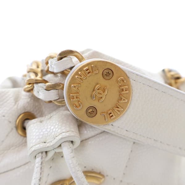 Pre-owned Chanel Mini Quilted Caviar Twist Your Buttons Drawstring Bucket Bag White