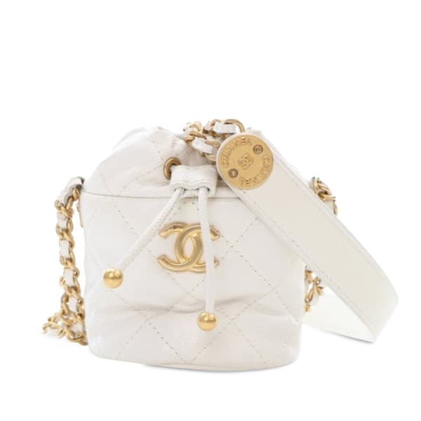 Pre-owned Chanel Mini Quilted Caviar Twist Your Buttons Drawstring Bucket Bag White