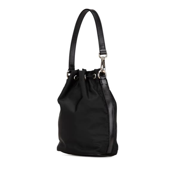 Pre-owned Prada Mini Tessuto Logo Drawstring Bucket Bag Black