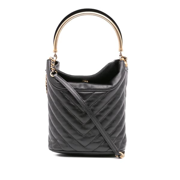Pre-owned Chanel Quilted Chevron Lambskin Handle with Chic Bucket Bag Black