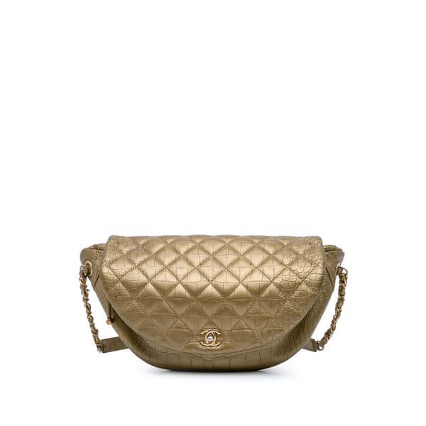 Pre-owned Chanel Quilted Croc Embossed Metallic Calfskin Easy Trip Belt Bag Gold
