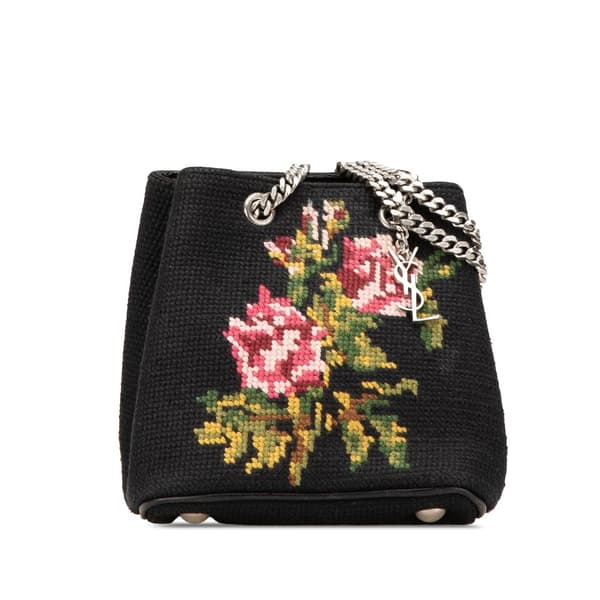 Pre-owned Saint Laurent Baby Embroidered Wool Emmanuelle Bucket Bag Black