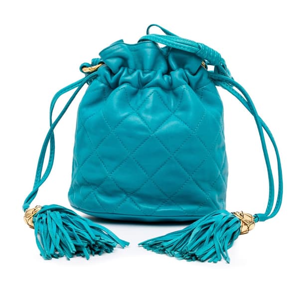 Pre-owned Chanel Quilted Lambskin Drawstring Tassel Bucket Bag Blue