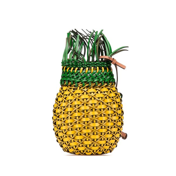 Pre-owned LOEWE Paula's Ibiza Woven Calfskin Fringe Pineapple Bucket Bag Yellow