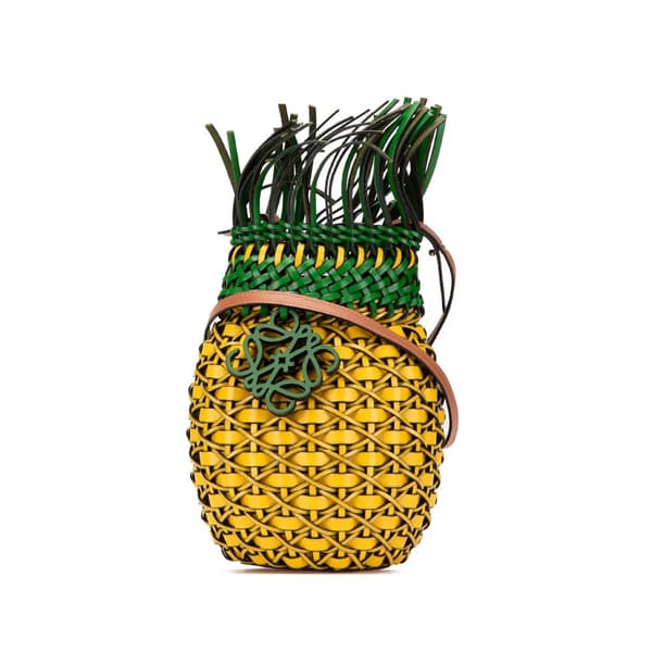 Pre-owned LOEWE Paula's Ibiza Woven Calfskin Fringe Pineapple Bucket Bag Yellow