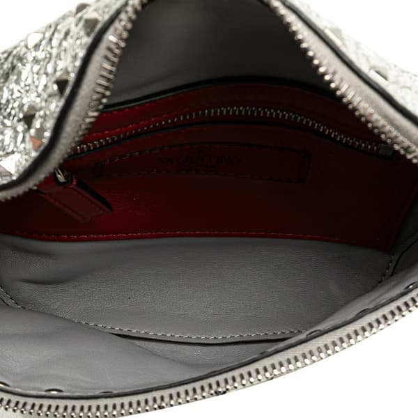 Pre-owned Valentino Metallic Craquele Nappa Rockstud Spike Belt Bag Silver