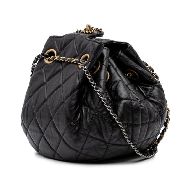 Pre-owned Chanel CC Quilted Lambskin Chain Drawstring Bucket Bag Black