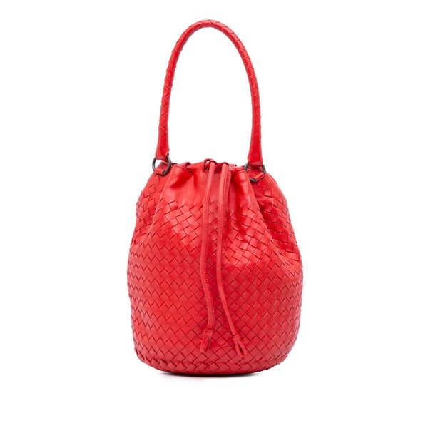 Pre-owned Bottega Veneta Nappa Intrecciato Drawstring Bucket Bag Red