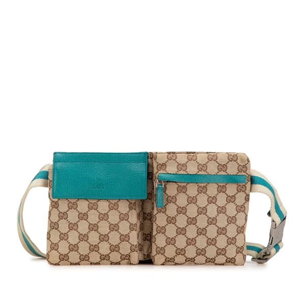 Pre-owned Gucci GG Canvas Web Double Pocket Belt Bag Brown