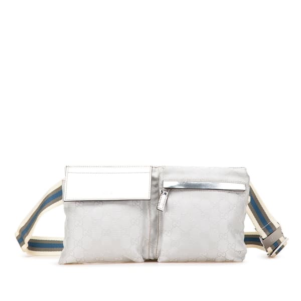 Pre-owned Gucci GG Canvas Web Double Pocket Belt Bag Silver