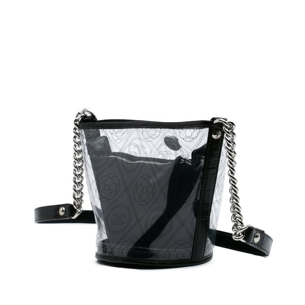 Pre-owned Chanel Small PVC and Crumpled Calfskin Camellia Coco Bucket Bag Black