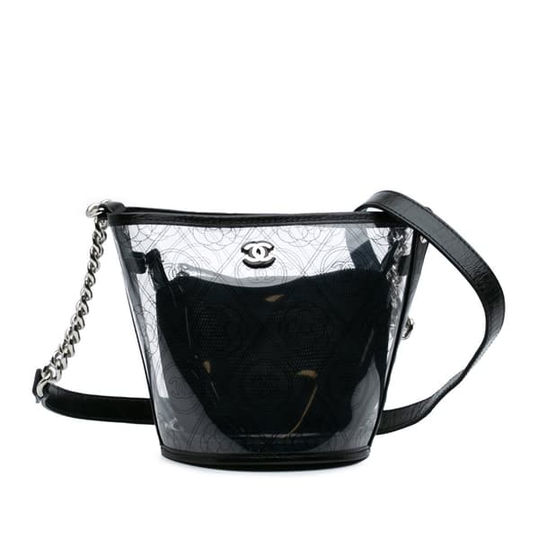 Pre-owned Chanel Small PVC and Crumpled Calfskin Camellia Coco Bucket Bag Black