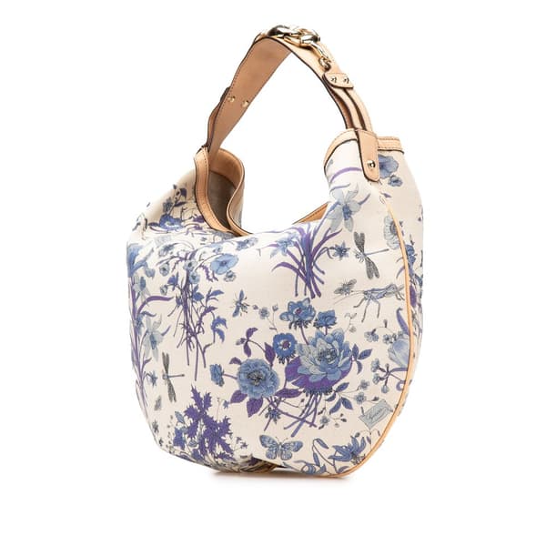 Pre-owned Gucci Canvas Flora Horsebit Wave Hobo White