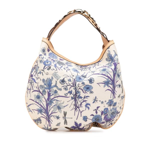 Pre-owned Gucci Canvas Flora Horsebit Wave Hobo White